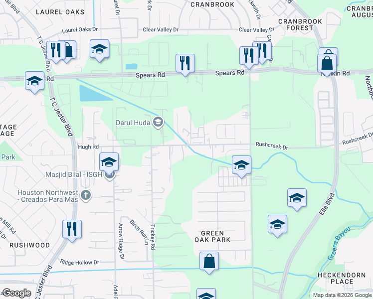 map of restaurants, bars, coffee shops, grocery stores, and more near 1359 Hugh Road in Houston