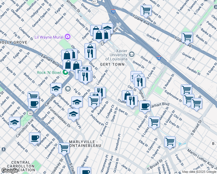 map of restaurants, bars, coffee shops, grocery stores, and more near 3310 Broadway Street in New Orleans