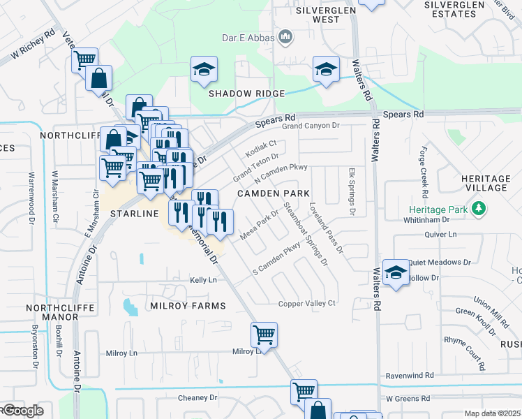 map of restaurants, bars, coffee shops, grocery stores, and more near 11946 Estes Park Drive in Houston