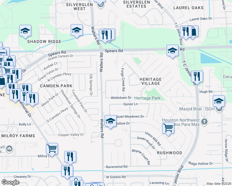 map of restaurants, bars, coffee shops, grocery stores, and more near 12015 Diane Lane in Houston