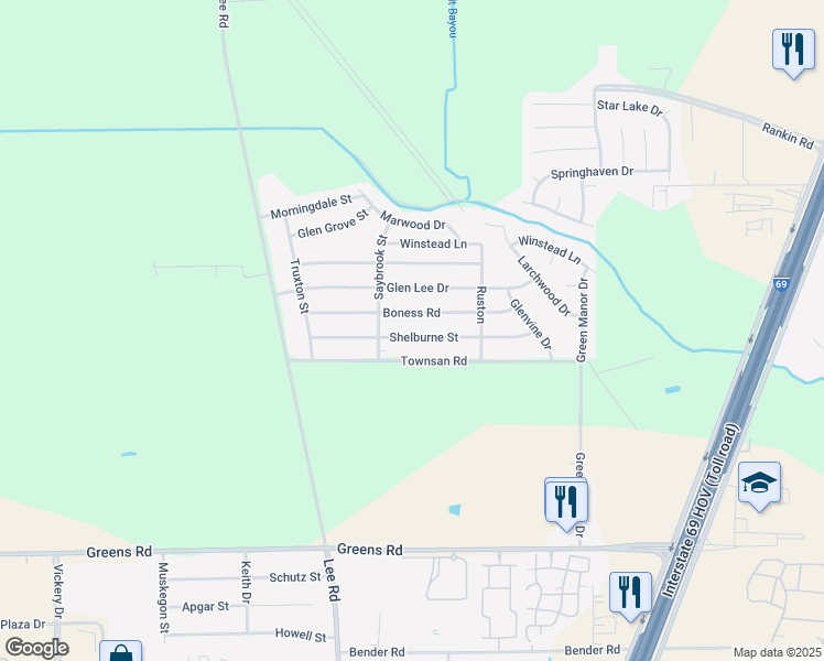 map of restaurants, bars, coffee shops, grocery stores, and more near 6027 Shelburne Street in Humble