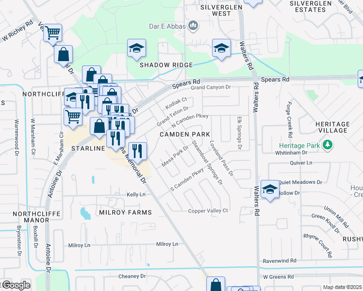 map of restaurants, bars, coffee shops, grocery stores, and more near 11946 Estes Park Drive in Houston
