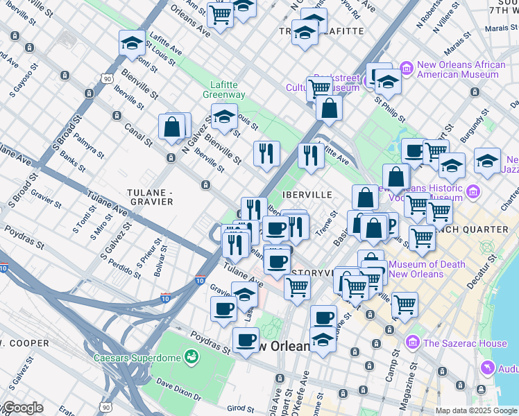map of restaurants, bars, coffee shops, grocery stores, and more near in New Orleans