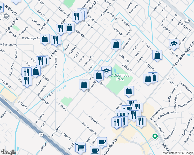 map of restaurants, bars, coffee shops, grocery stores, and more near 2624 Avenue H in Nederland