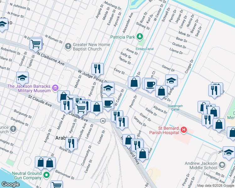 map of restaurants, bars, coffee shops, grocery stores, and more near in Arabi