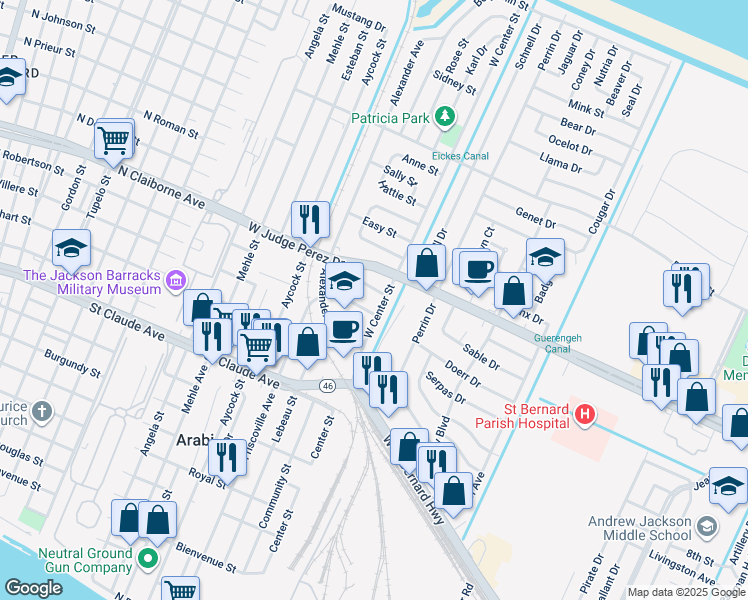 map of restaurants, bars, coffee shops, grocery stores, and more near in Arabi