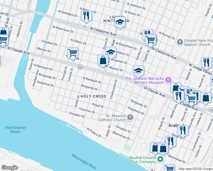 map of restaurants, bars, coffee shops, grocery stores, and more near 943 Lamanche Street in New Orleans
