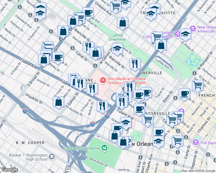 map of restaurants, bars, coffee shops, grocery stores, and more near 1918 Cleveland Avenue in New Orleans