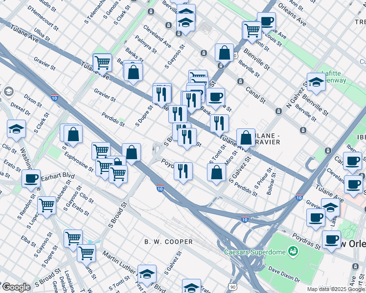 map of restaurants, bars, coffee shops, grocery stores, and more near 2651 Perdido Street in New Orleans