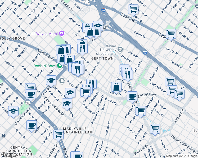 map of restaurants, bars, coffee shops, grocery stores, and more near 3310 Broadway Street in New Orleans