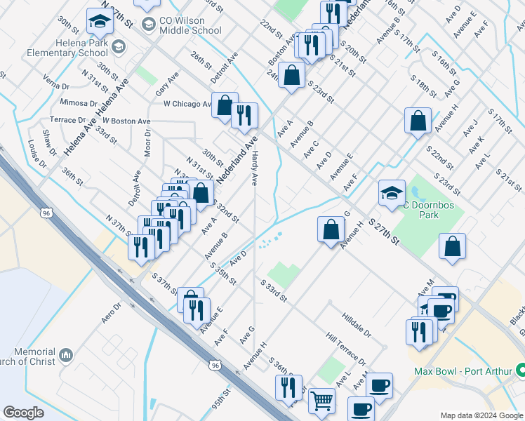 map of restaurants, bars, coffee shops, grocery stores, and more near 303 Hardy Avenue in Nederland