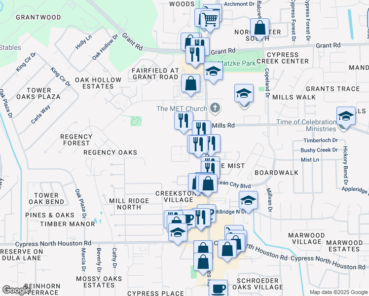 map of restaurants, bars, coffee shops, grocery stores, and more near 11111 Saathoff Drive in Cypress