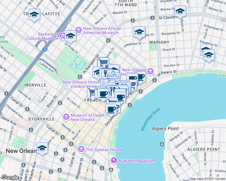 map of restaurants, bars, coffee shops, grocery stores, and more near 902 Royal St in New Orleans
