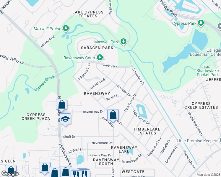 map of restaurants, bars, coffee shops, grocery stores, and more near 12618 New Kentucky Road in Cypress