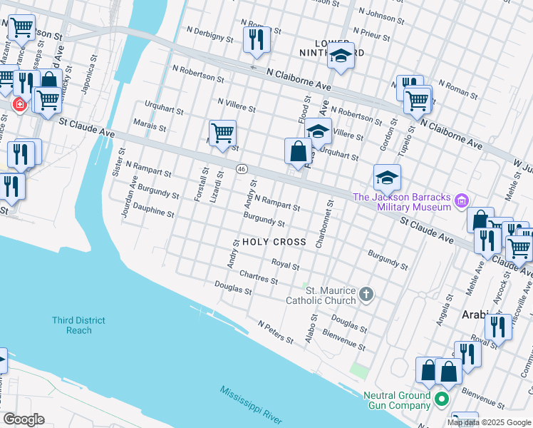 map of restaurants, bars, coffee shops, grocery stores, and more near 5451 Burgundy Street in New Orleans
