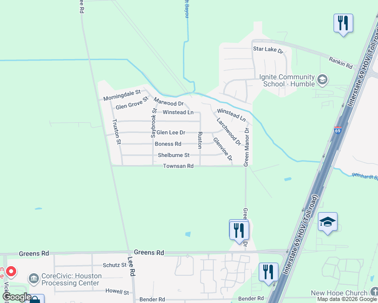 map of restaurants, bars, coffee shops, grocery stores, and more near 6059 Shelburne Street in Humble