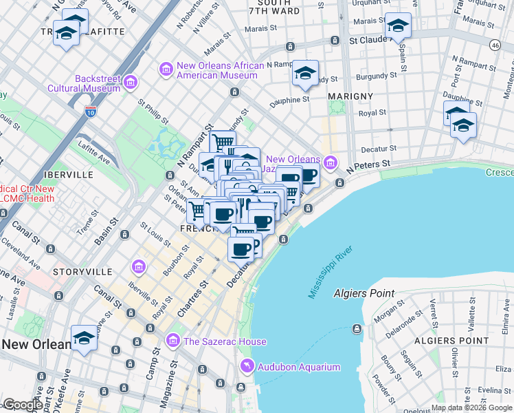 map of restaurants, bars, coffee shops, grocery stores, and more near 902 Royal Street in New Orleans