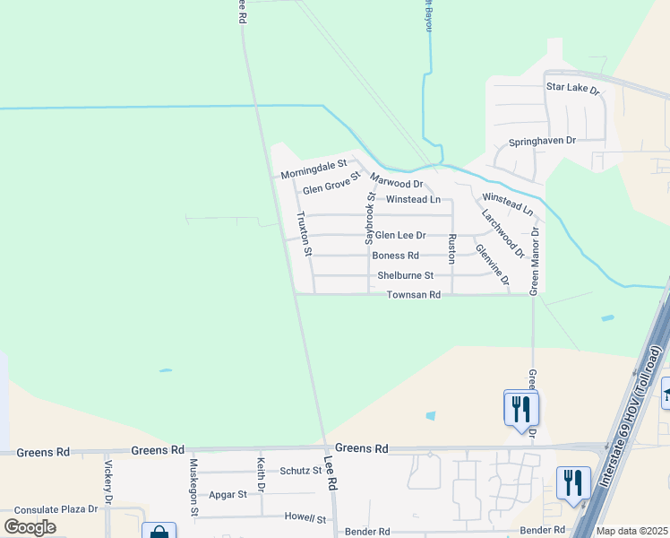map of restaurants, bars, coffee shops, grocery stores, and more near 5835 Shelburne Street in Humble