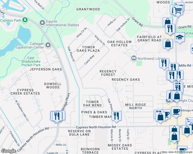 map of restaurants, bars, coffee shops, grocery stores, and more near 11814 Regency Ash Court in Cypress