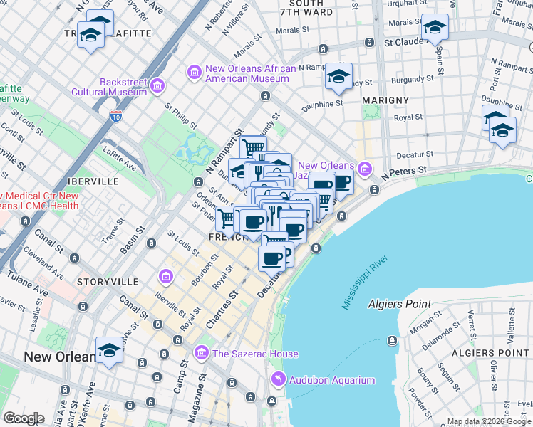 map of restaurants, bars, coffee shops, grocery stores, and more near 902 Royal Street in New Orleans