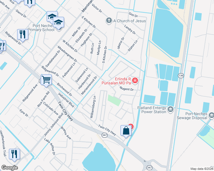 map of restaurants, bars, coffee shops, grocery stores, and more near 431 Meadowgreen Dr in Port Neches