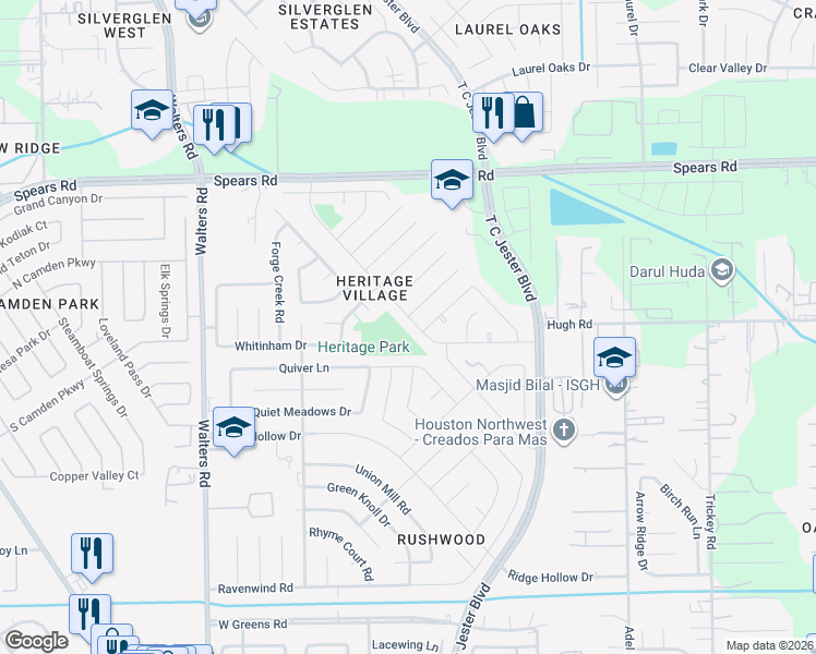 map of restaurants, bars, coffee shops, grocery stores, and more near 12043 Swords Creek Rd in Houston