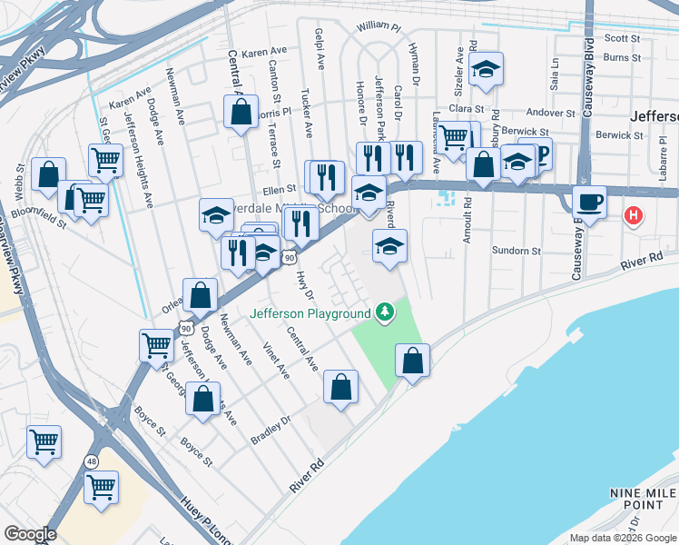 map of restaurants, bars, coffee shops, grocery stores, and more near 1901 Audubon Trace in Jefferson