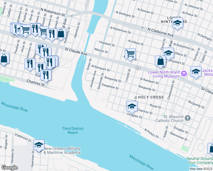 map of restaurants, bars, coffee shops, grocery stores, and more near 4950 Dauphine Street in New Orleans