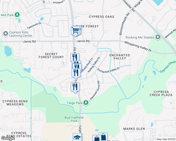 map of restaurants, bars, coffee shops, grocery stores, and more near 12807 Rolling Valley Drive in Cypress