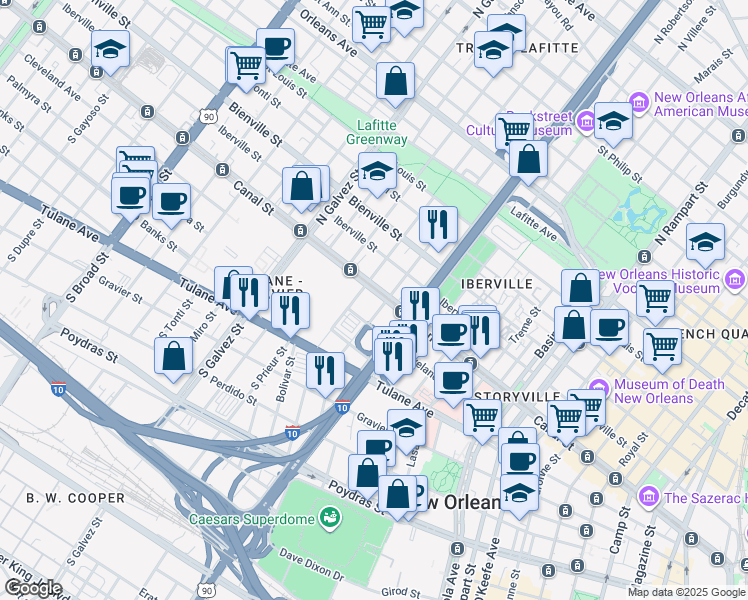 map of restaurants, bars, coffee shops, grocery stores, and more near 1812 Canal Street in New Orleans