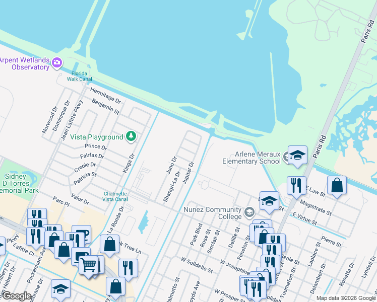map of restaurants, bars, coffee shops, grocery stores, and more near 4005 Jupiter Drive in Chalmette