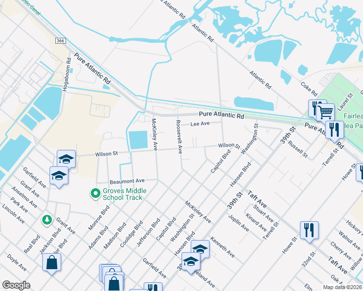 map of restaurants, bars, coffee shops, grocery stores, and more near 4598 Wilson Street in Groves