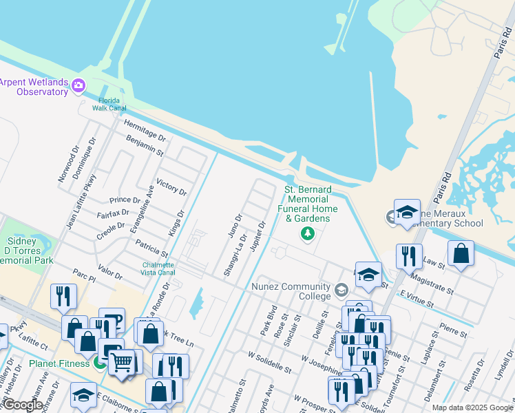map of restaurants, bars, coffee shops, grocery stores, and more near 4005 Jupiter Drive in Chalmette
