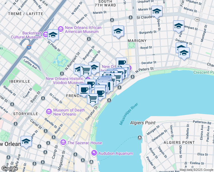 map of restaurants, bars, coffee shops, grocery stores, and more near 538 Saint Philip Street in New Orleans