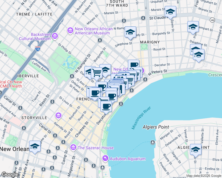 map of restaurants, bars, coffee shops, grocery stores, and more near 538 Saint Philip Street in New Orleans
