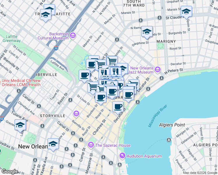 map of restaurants, bars, coffee shops, grocery stores, and more near in New Orleans