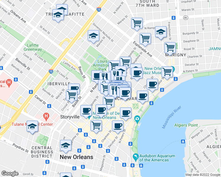 map of restaurants, bars, coffee shops, grocery stores, and more near 839 Saint Ann Street in New Orleans