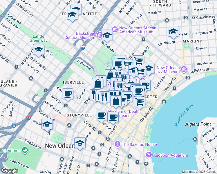 map of restaurants, bars, coffee shops, grocery stores, and more near in New Orleans