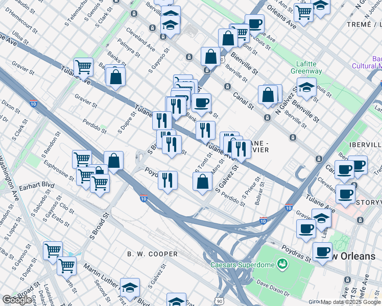 map of restaurants, bars, coffee shops, grocery stores, and more near 2433 Gravier Street in New Orleans