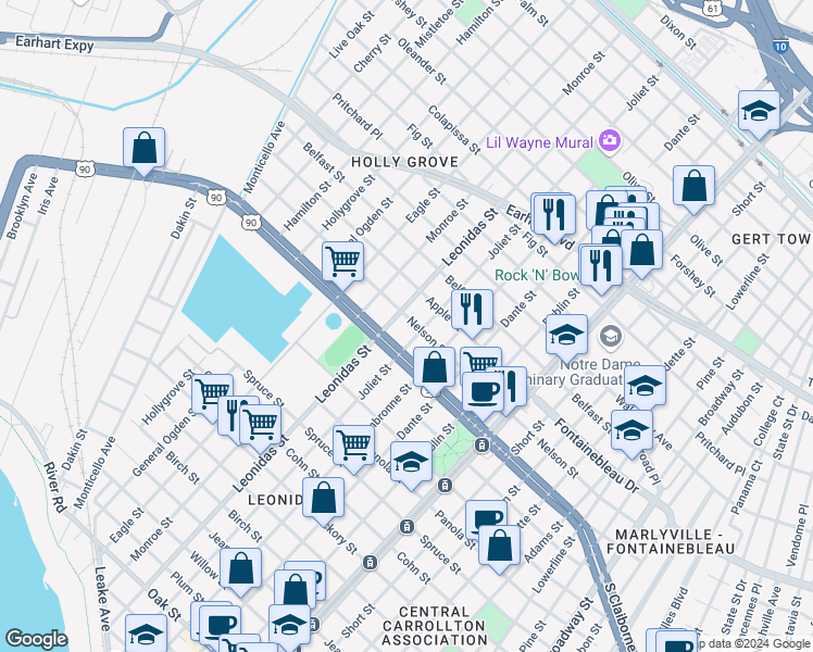 map of restaurants, bars, coffee shops, grocery stores, and more near 2501 Joliet Street in New Orleans