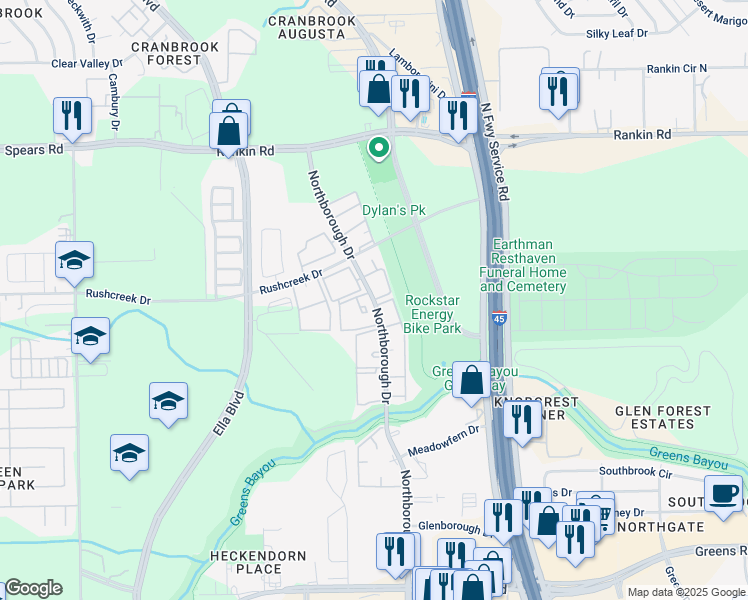 map of restaurants, bars, coffee shops, grocery stores, and more near 13030 Northborough Drive in Houston