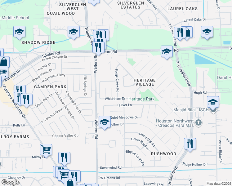 map of restaurants, bars, coffee shops, grocery stores, and more near 2651 Forge Creek Road in Houston