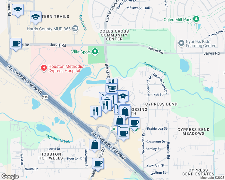 map of restaurants, bars, coffee shops, grocery stores, and more near 12508 Barker Cypress Road in Cypress