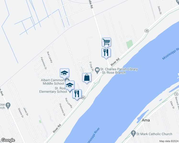 map of restaurants, bars, coffee shops, grocery stores, and more near 10 Sycamore Lane in Saint Rose