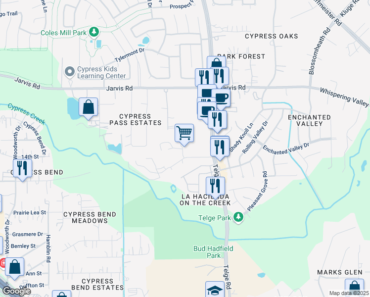 map of restaurants, bars, coffee shops, grocery stores, and more near 1 Kwik Kopy Lane in Cypress