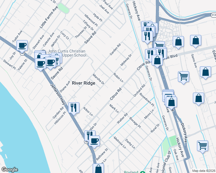 map of restaurants, bars, coffee shops, grocery stores, and more near 274 Citrus Road in River Ridge