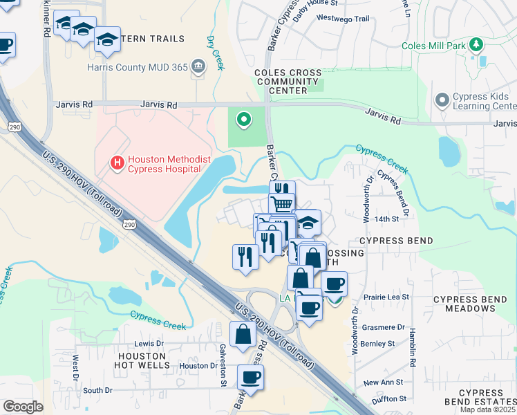 map of restaurants, bars, coffee shops, grocery stores, and more near 12515 Barker Cypress Road in Cypress