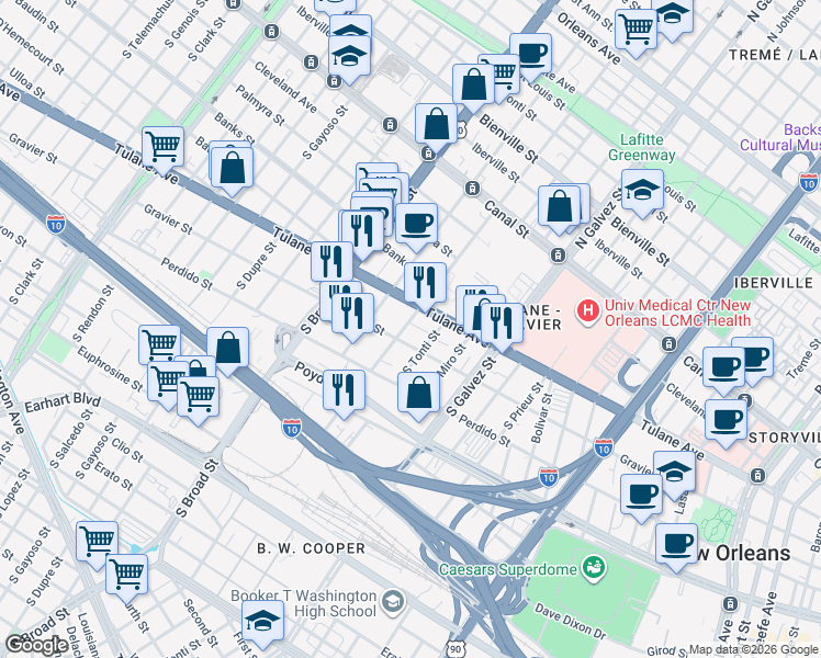 map of restaurants, bars, coffee shops, grocery stores, and more near 2433 Gravier Street in New Orleans