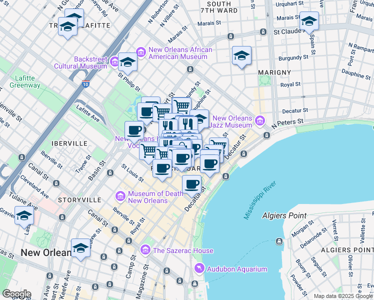 map of restaurants, bars, coffee shops, grocery stores, and more near 808 Bourbon Street in New Orleans