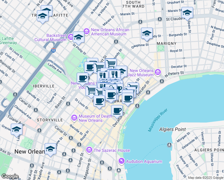 map of restaurants, bars, coffee shops, grocery stores, and more near in New Orleans